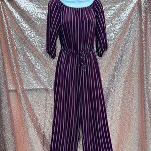 HAUTE MONDE Striped Burgundy Off the Shoulder Jumpsuit SIZE SMALL WINE Color